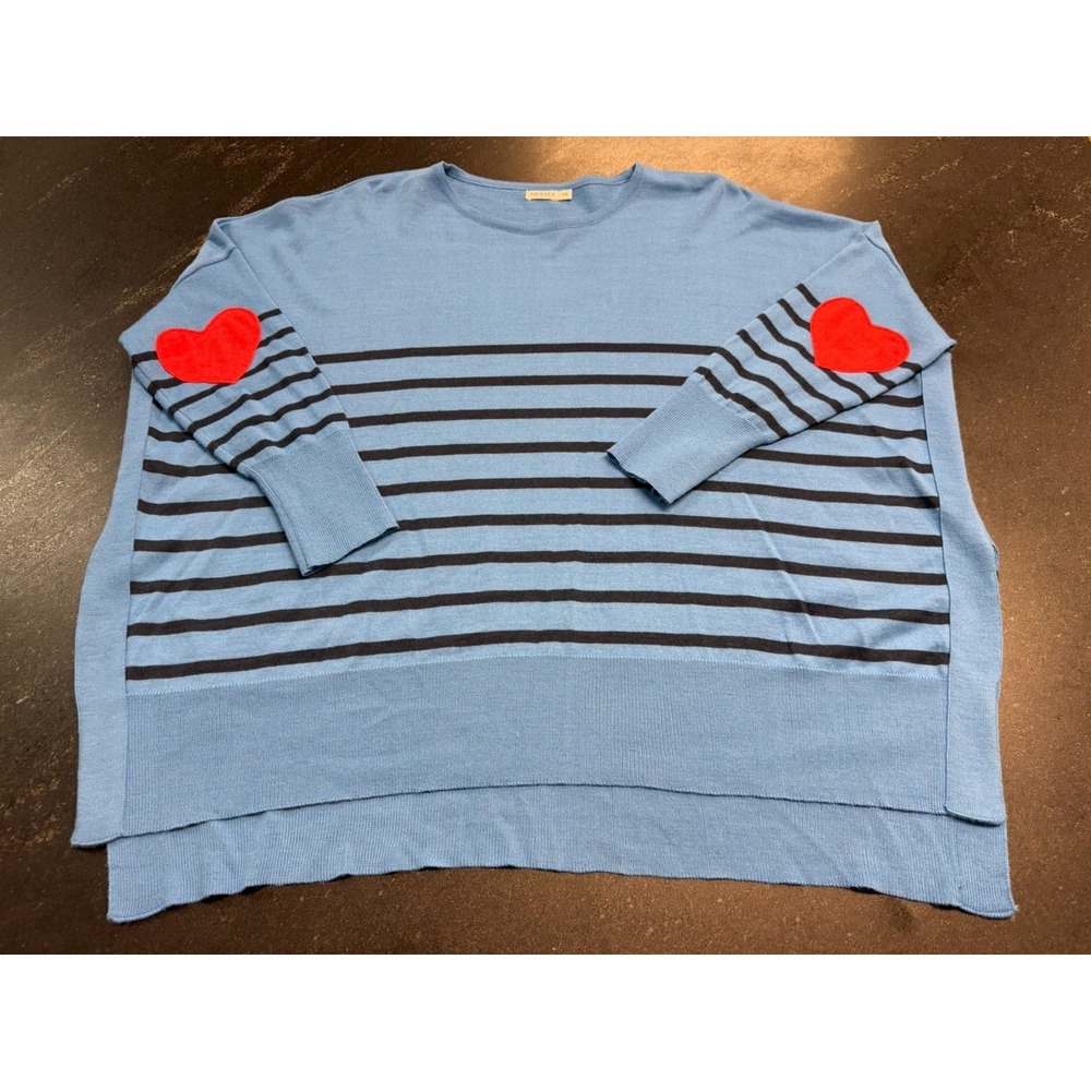 MERSEA Amour Sweater OS Blue Black Stripe Red Heart Elbow Patch Oversized